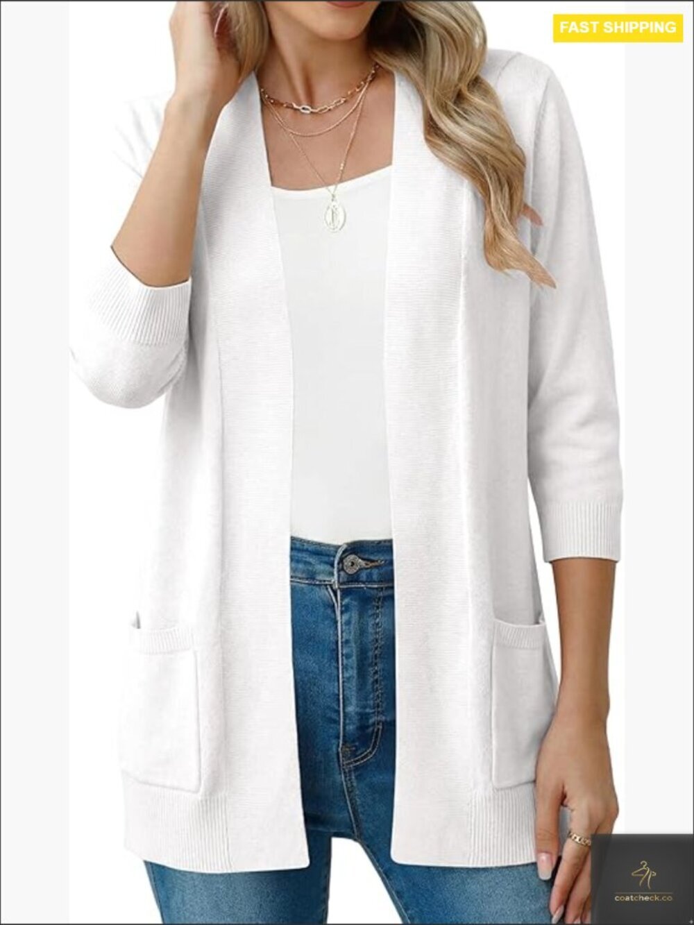Lightweight Open Front Cardigan with Pockets Dressy Knit V-Neck 3/4 Sleeve